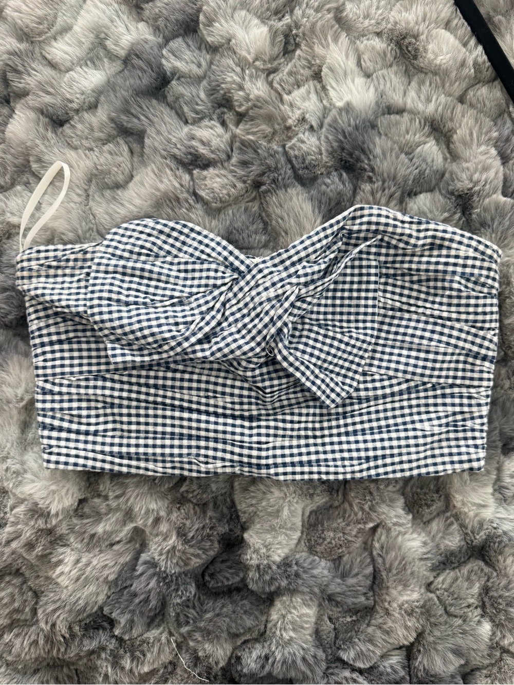 Lovers + Friends Navy and White Gingham Twist-Front Strapless Crop Top